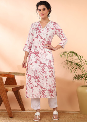maaesa Women Floral Print Straight Kurta(Pink)