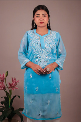 Hahatcloset Women Chikan Embroidery Anarkali Kurta(Blue)