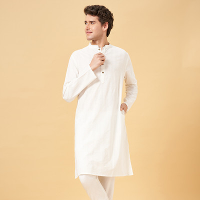 Indus Route by Pantaloons Men Dyed/Ombre Straight Kurta(White)