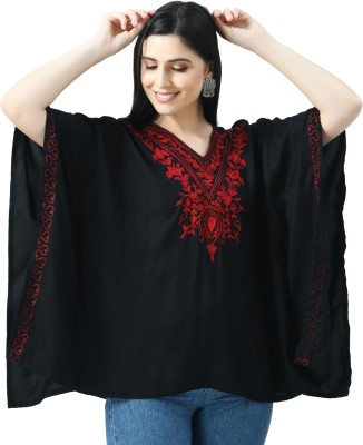 QAZMI Women Embroidered Kaftan Kurta(Black, Red)
