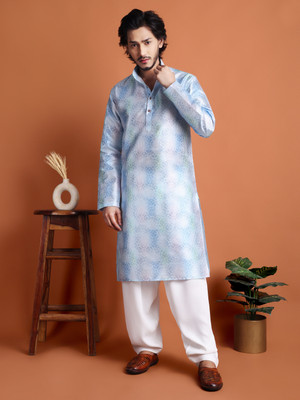 TIBRA Men Embroidered Straight Kurta(Blue)