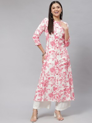 Faxmon Fashion Women Floral Print A-line Kurta(Pink, White)