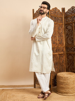 House of Pataudi Men Self Design Straight Kurta(White)
