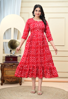 SARSINYA FEBTEX Women Floral Print Anarkali Kurta(Red)