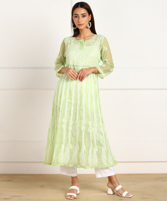 VAHSON Women Chikan Embroidery, Leheriya Anarkali Kurta(Light Green)