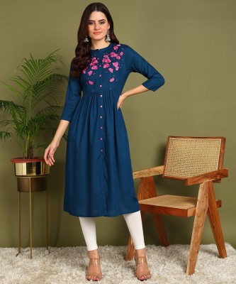 Kapad Dwar Women Embroidered A-line Kurta(Blue)