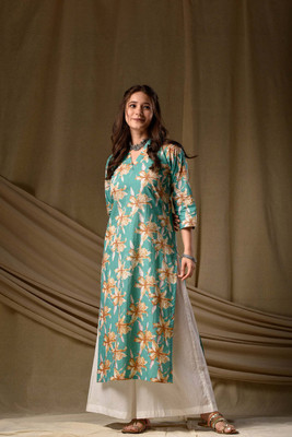 SANGOURI Women Floral Print Straight Kurta(Green)