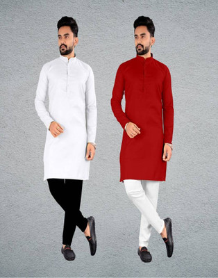 DHASU TRENDZ Men Solid Straight Kurta(White, Red)