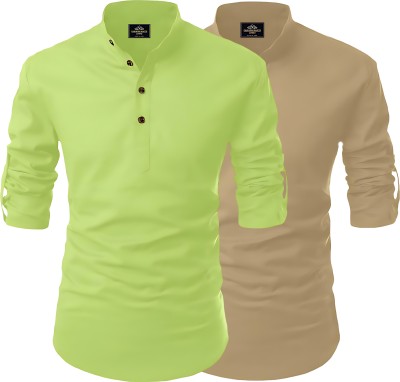 Fashion Marts Men Solid, Self Design Straight Kurta(Light Green, Gold)