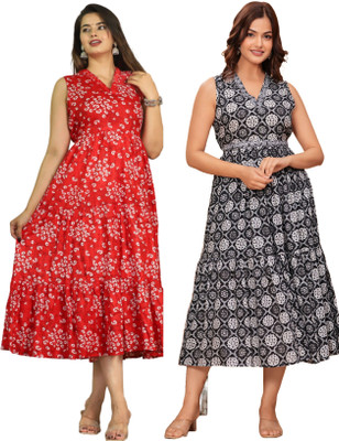 RD Fab Women Embroidered, Floral Print Anarkali Kurta(Red, Grey)