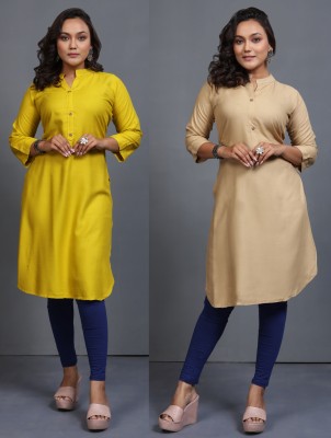 maher fashion Women Solid A-line Kurta(Yellow, Beige)