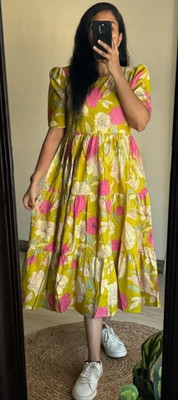 NEW4U Women Printed Flared Kurta(Yellow)