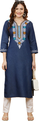 Vedanta Creations Women Embroidered, Solid A-line Kurta(Dark Blue)