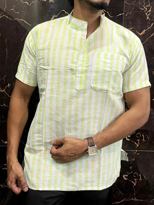 Fabricana Men Striped A-line Kurta(Light Green)