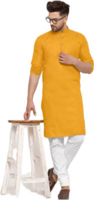 VINAARI Men Solid A-line Kurta(Yellow)