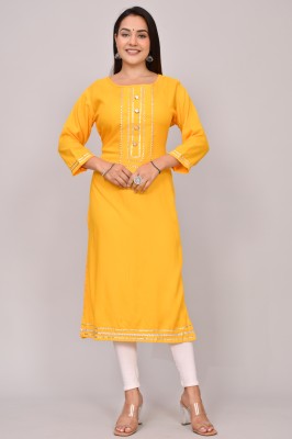 Padlaya Fashion Women Embroidered Straight Kurta(Yellow, White)