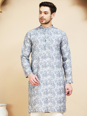 Anouk Rustic Men Printed Straight Kurta(Grey)