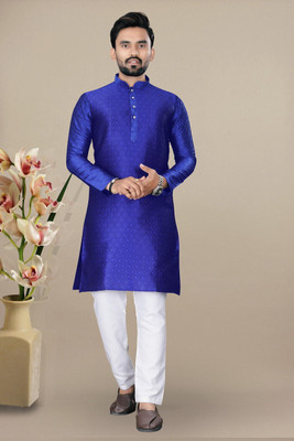 VALAKI Men Woven Design Straight Kurta(Dark Blue)