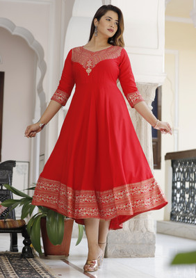Baba Kurti Women Printed Anarkali Kurta(Red)