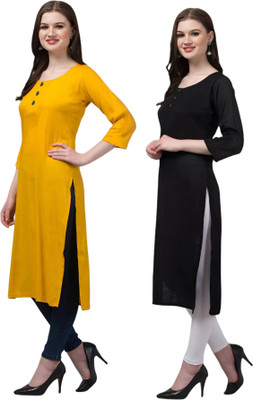 Coft Women Solid Straight Kurta(Yellow, Black)
