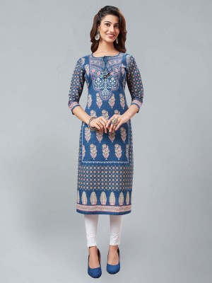 Jevi Prints Women Kalamkari Straight Kurta(Blue, Gold, Pink)