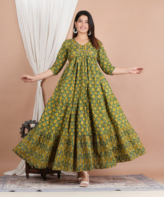 NAVKRITI JAIPR Women Floral Print Anarkali Kurta(Green, Yellow)