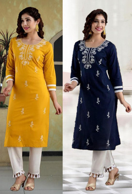 vikshi Women Chikan Embroidery A-line Kurta(Multicolor)