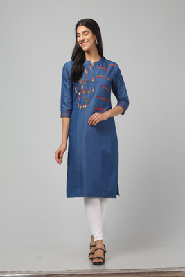 Kaykay Studio Women Embroidered Straight Kurta(Blue, Red)