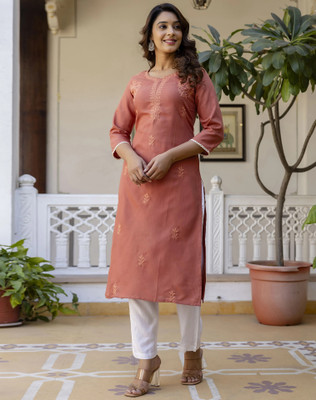 Anmi Embroidered Women Straight Kurta(Orange)