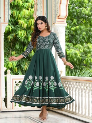 INDI INSIDE Women Block Print Anarkali Kurta(Green)