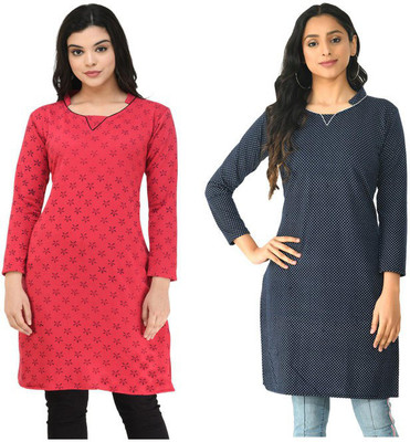 KAYU Women Floral Print Straight Kurta(Dark Blue, Pink)
