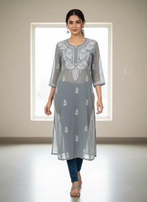BANSII DHUN Women Embroidered Straight Kurta(Grey)