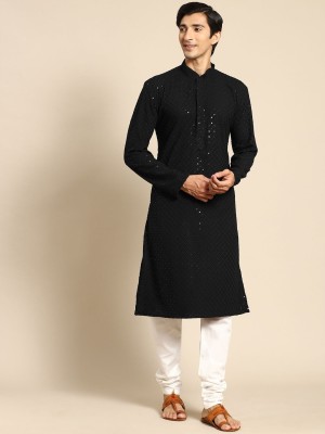 Rajubhai Hargovindas Men Self Design Straight Kurta(Black)