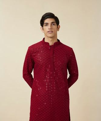 CRYTSAL REVENUE Men Embellished Straight Kurta(Maroon)