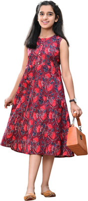 DMP FASHION Girls Floral Print Flared Kurta(Maroon)