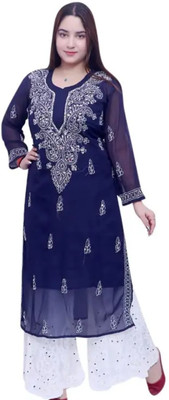 Neelam Chikan Women Embroidered A-line Kurta(White, Blue)