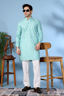 vastraveda Men Printed Straight Kurta(Light Blue)