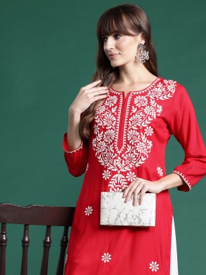 Indo Era Women Embroidered Straight Kurta(Red)