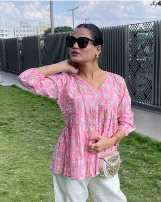 Attire Aura Casual Printed Women Pink Top