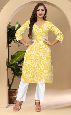 shahrukh Girls Printed A-line Kurta(Yellow)