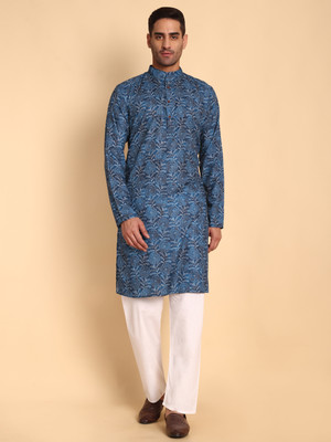 Vardha Men Floral Print Trail Cut Kurta(Blue)