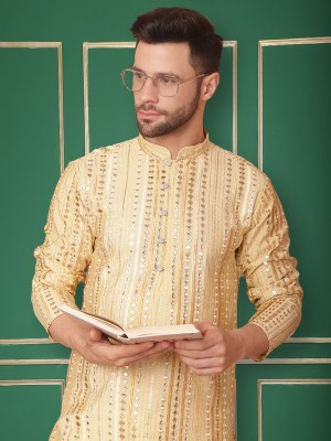 Jompers Men Embroidered Straight Kurta(Gold)