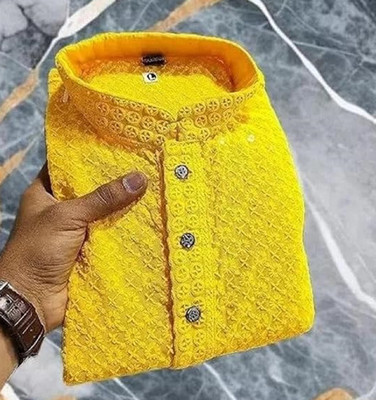 Lazzly Men Chikan Embroidery A-line Kurta(Yellow)