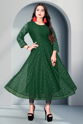 HouseOfCommon Women Self Design Anarkali Kurta(Green)