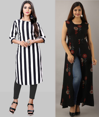 maruti fab Women Striped, Printed A-line Kurta(White)