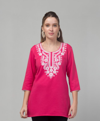 ASAD GARMENTS Women Chikan Embroidery Straight Kurta(Pink)