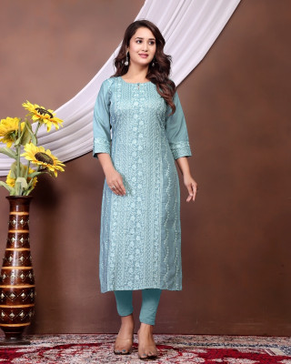 HouseOfCommon Women Embroidered Straight Kurta(Light Blue)