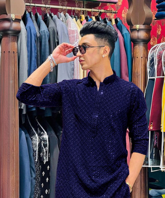 DIAMOND CLUSTER Men Embellished Straight Kurta(Dark Blue)
