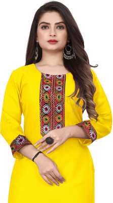 HF HOLYDAY FASHION Women Embroidered Straight Kurta(Yellow)