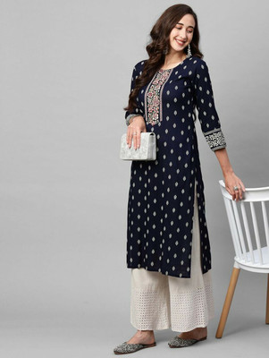 SAMOTA CREATION Women Printed Straight Kurta(Blue)
